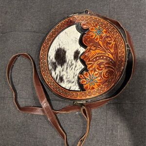 Brown and White Leather Round Bag